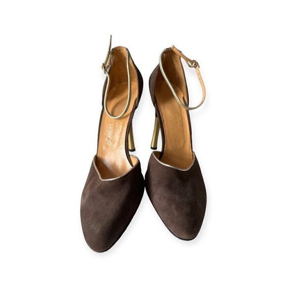 Charles Jourdan Brown Suede Ankle Strap Pumps With Gold Metal Heel, Size 8 1/2 - Picture 14 of 15